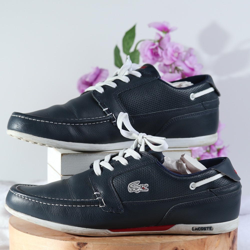Lacoste Keellson Navy Blue Leather Boat Shoes Mens Nautical Sneakers